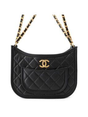 Chanel Chain Shoulder Bag Quilted CC Logo Hobo Calfskin Black
